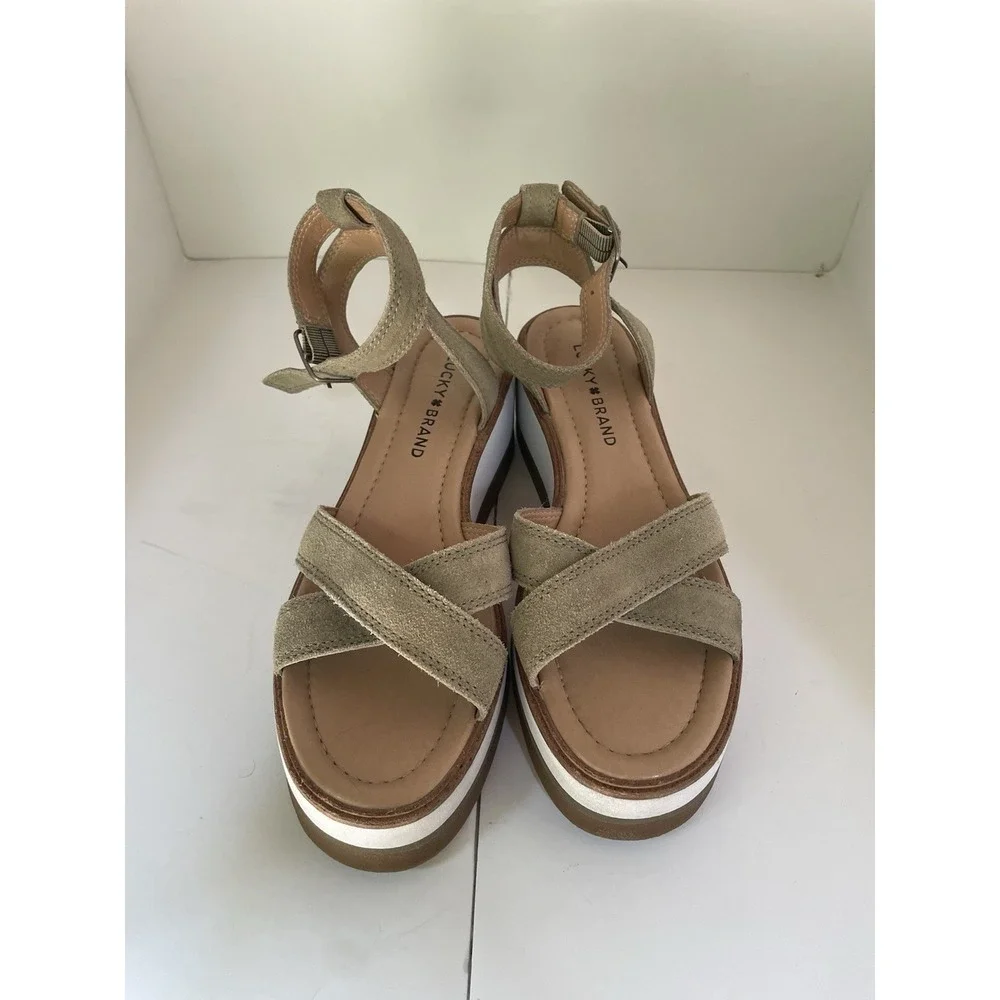 Lucky Brand Suede Wedge Platform Sandal Size‎ 8.5 Tarhi Olive Green Brown Whit